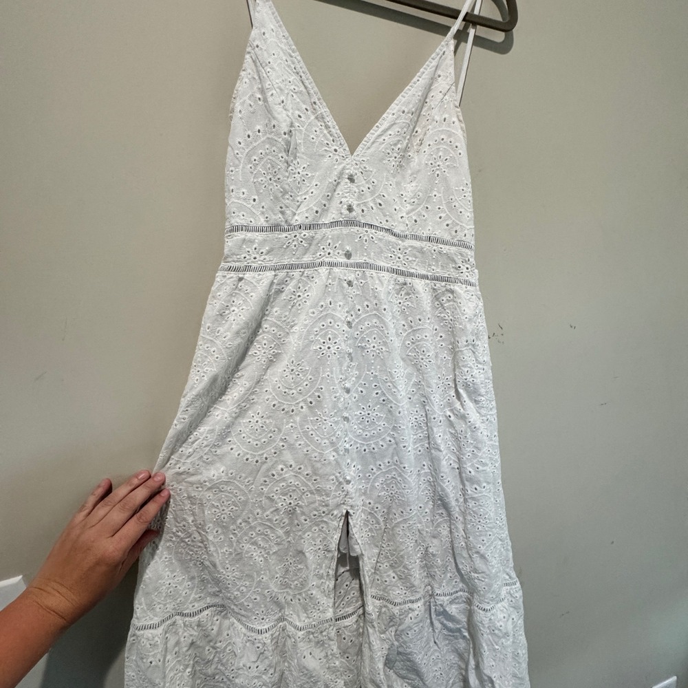 Simplee Eyelet Maxi Dress Womens XL White Cotton Boho Coastal Romantic Slit Hem - Picture 3 of 9
